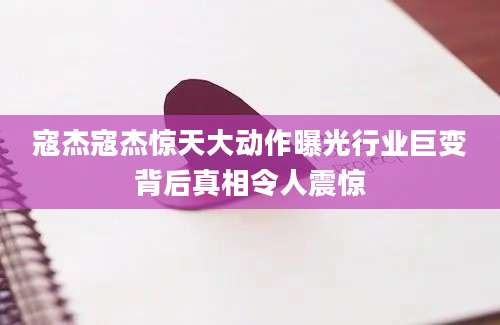 寇杰寇杰惊天大动作曝光行业巨变背后真相令人震惊